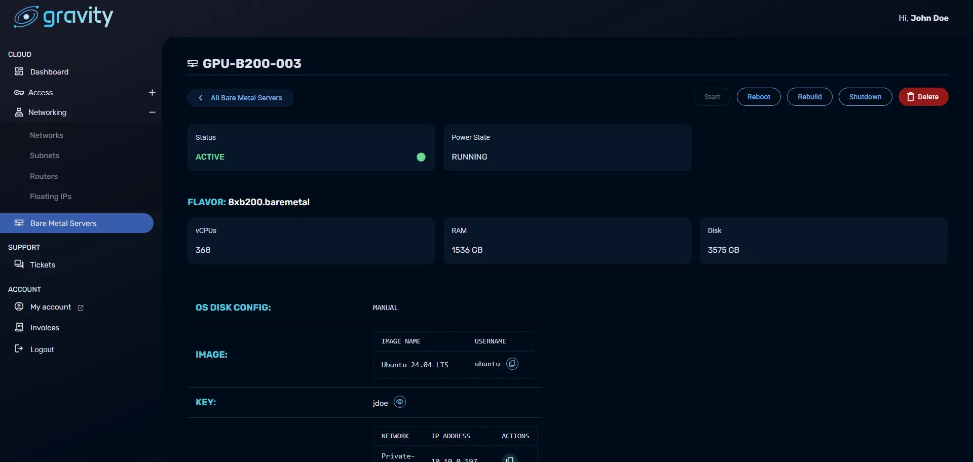 Gravity panel — Server details