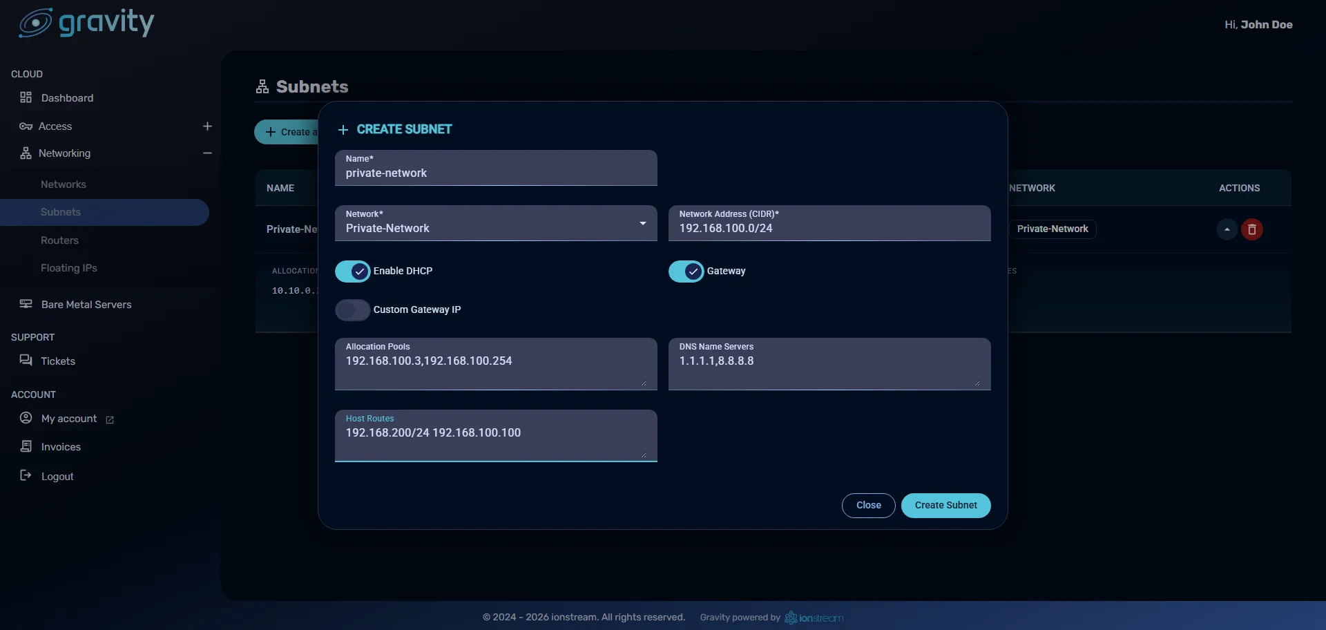Gravity panel — Create a Subnet