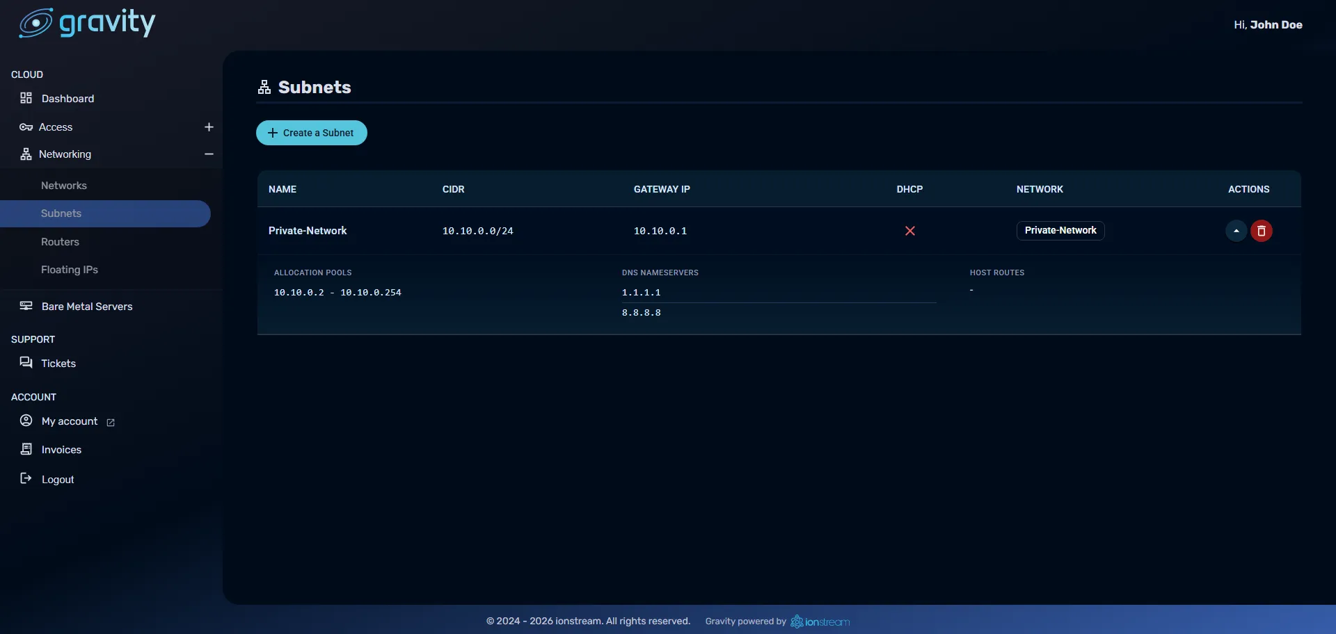 Gravity panel — Subnets